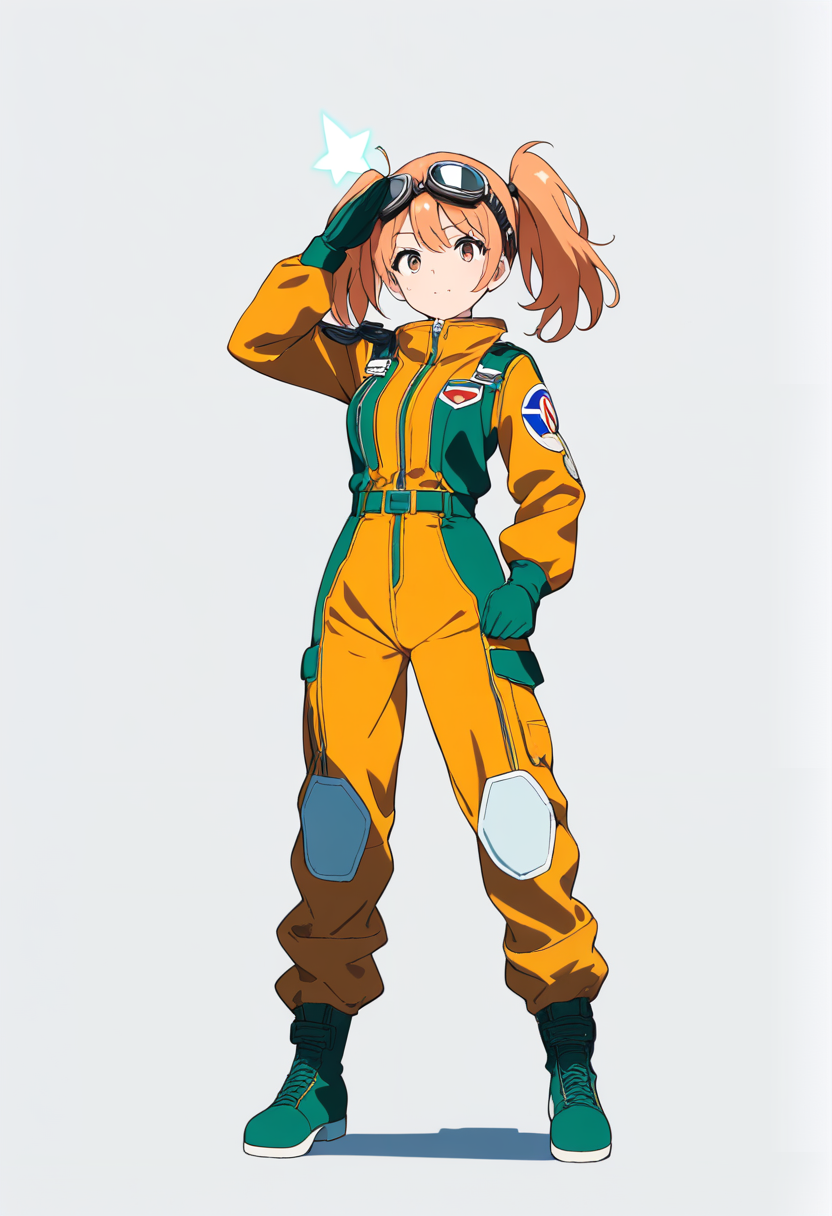 Anime coloring, orange twintails, goggles on head, pilot jumpsuit, patches, flight boots, saluting, energetic expression