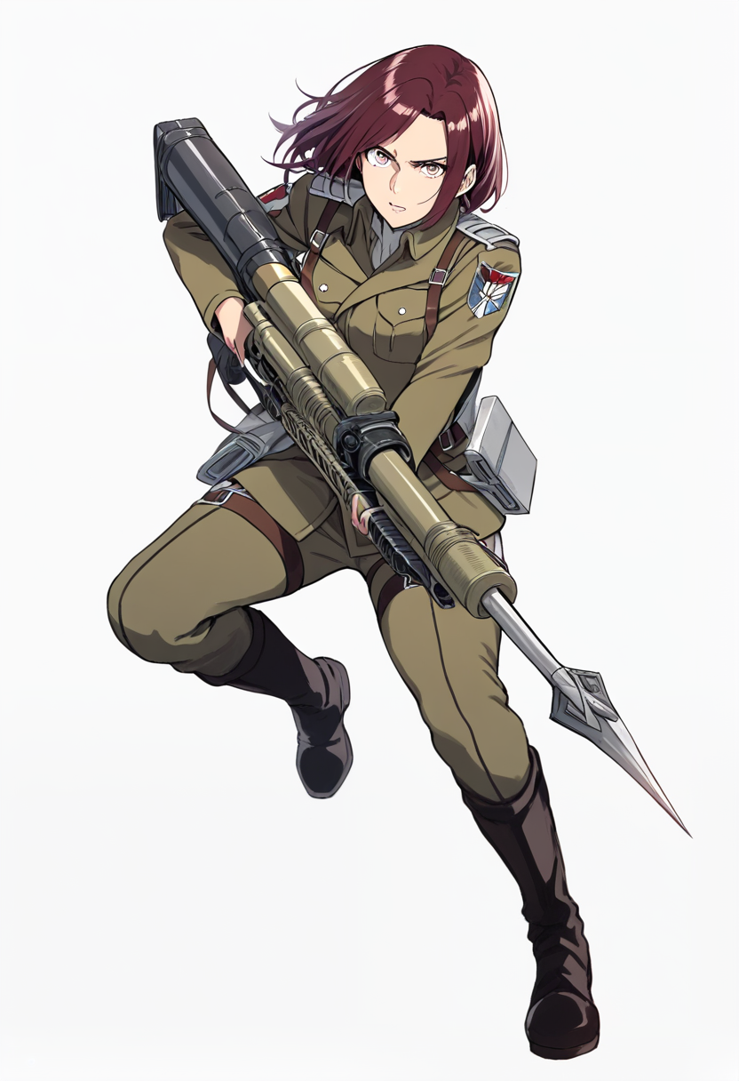 Shingeki no kyojin style, garrison regiment soldier, short choppy dark red hair, fierce hazel eyes, garrison jacket with roses emblem, odm gear equipped, thunder spear launcher on back, aggressive ready stance