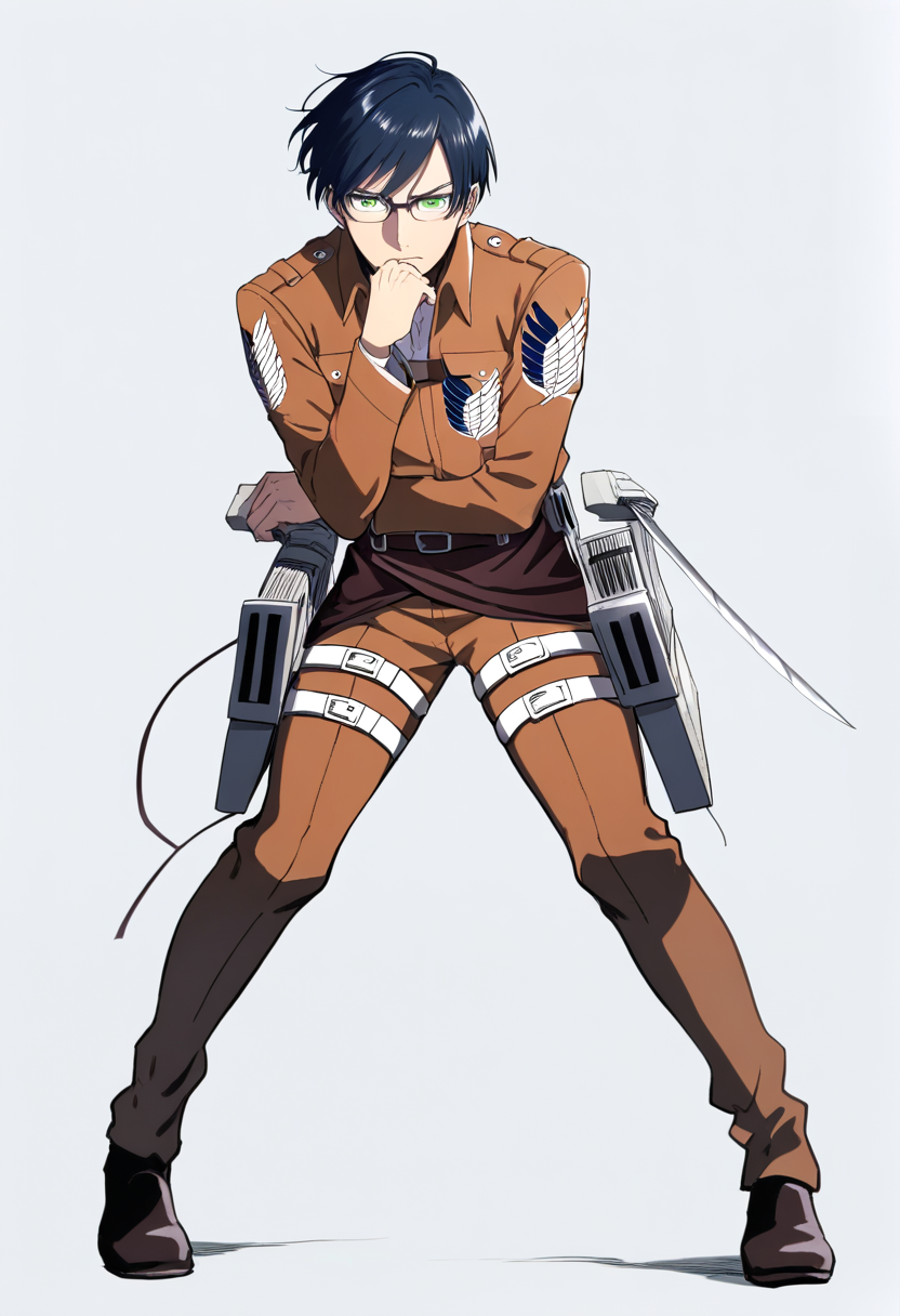 Shingeki no kyojin style, survey corps squad leader, short spiky dark blue hair, sharp green eyes, glasses, survey corps jacket buttoned neatly, odm gear with custom blade handles, hand on chin strategic thinking pose, intelligent analytical expression