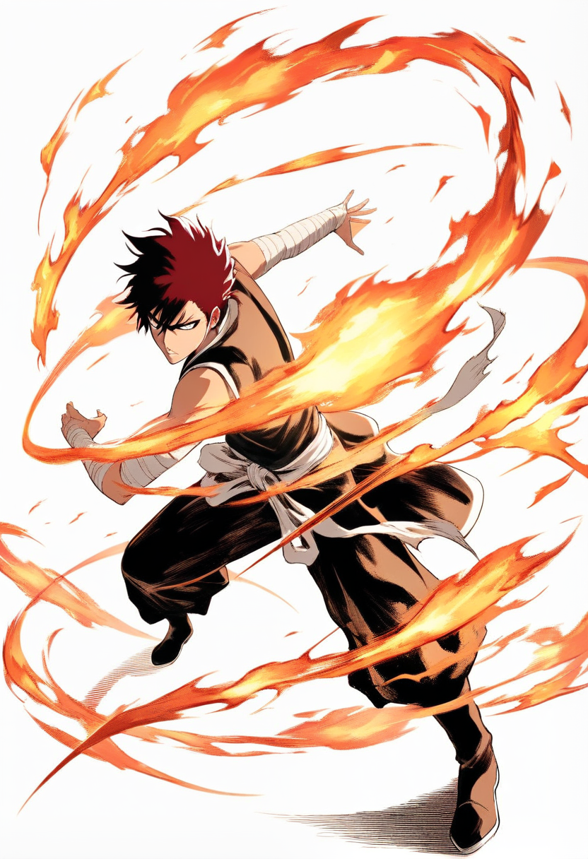 Bleach style, shinigami, short spiky dark red hair, intense amber eyes, modified sleeveless shihakusho, large released shikai zanpakuto wreathed in flame, bandaged arms, aggressive battle stance