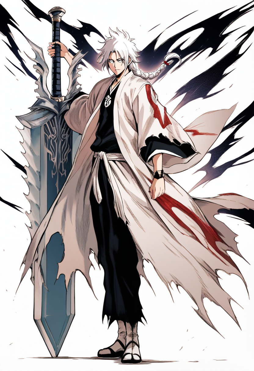 Bleach style, shinigami, long white hair in low braid, scarred left cheek, weathered shihakusho with torn captain haori, massive released zanpakuto as stone greatsword, battle-hardened weary expression