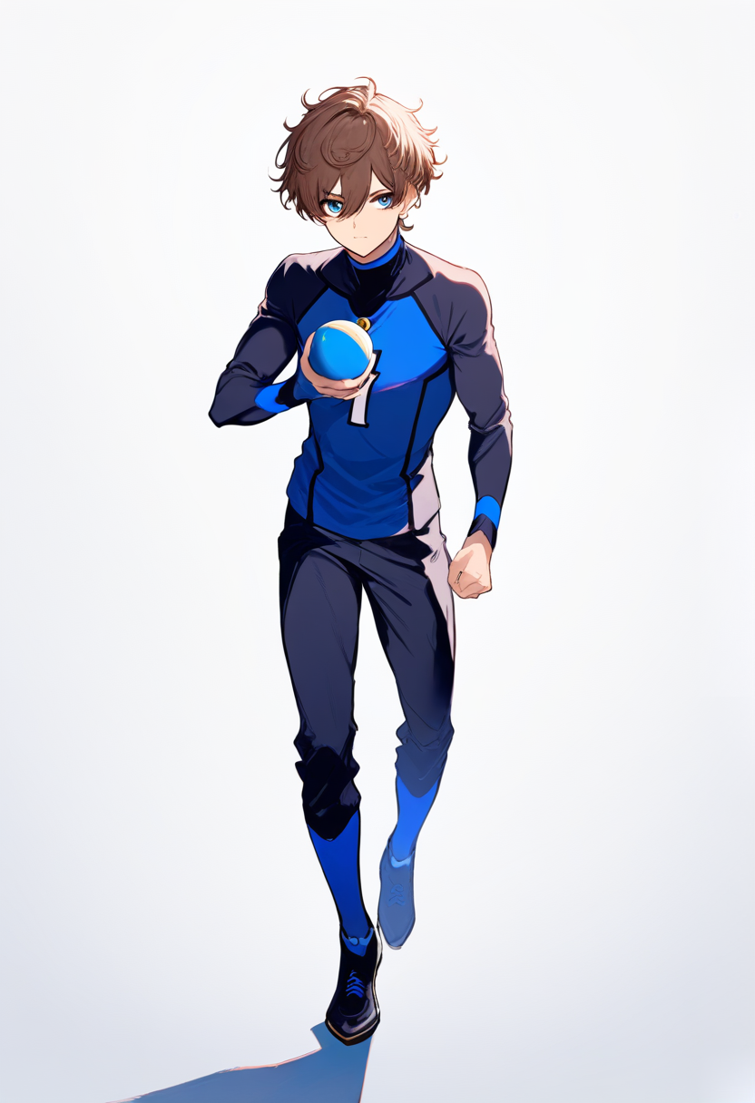 Blue lock style, curly brown hair, blue lock uniform, number 14, trapping ball on chest, lean build, calm focused expression