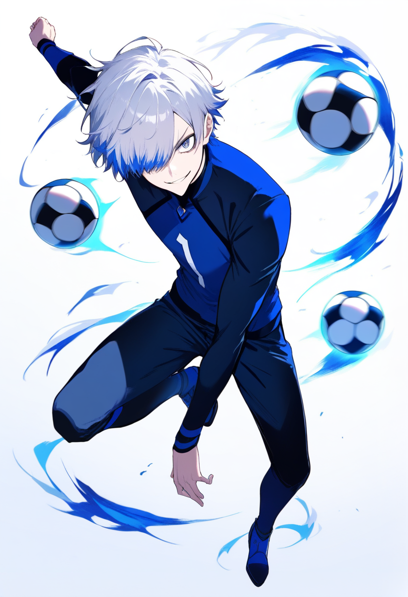 Blue lock style, silver hair with bangs over one eye, blue lock uniform, number 10, juggling soccer ball, slender build, cocky smirk