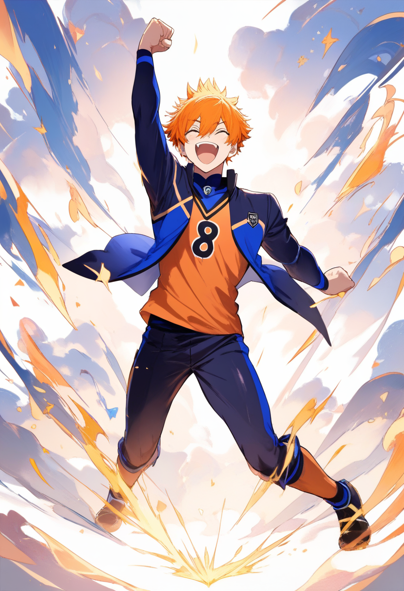 Blue lock style, orange spiky hair, blue lock uniform, number 8, celebrating goal, fist pump, ecstatic expression