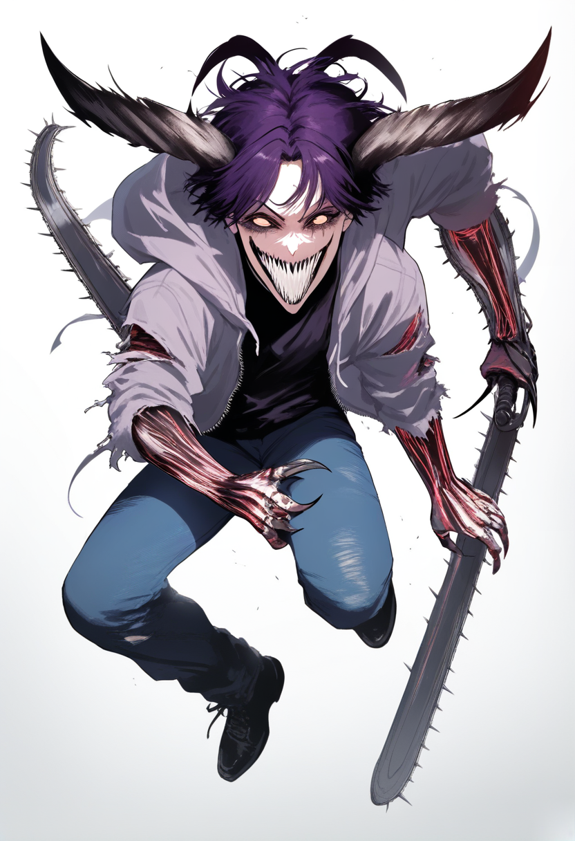 Chainsaw man style, fiend, ram horns protruding from forehead, sharp teeth, wild dark purple hair, yellow slit eyes, torn casual clothes hoodie and jeans, clawed hands, manic grin