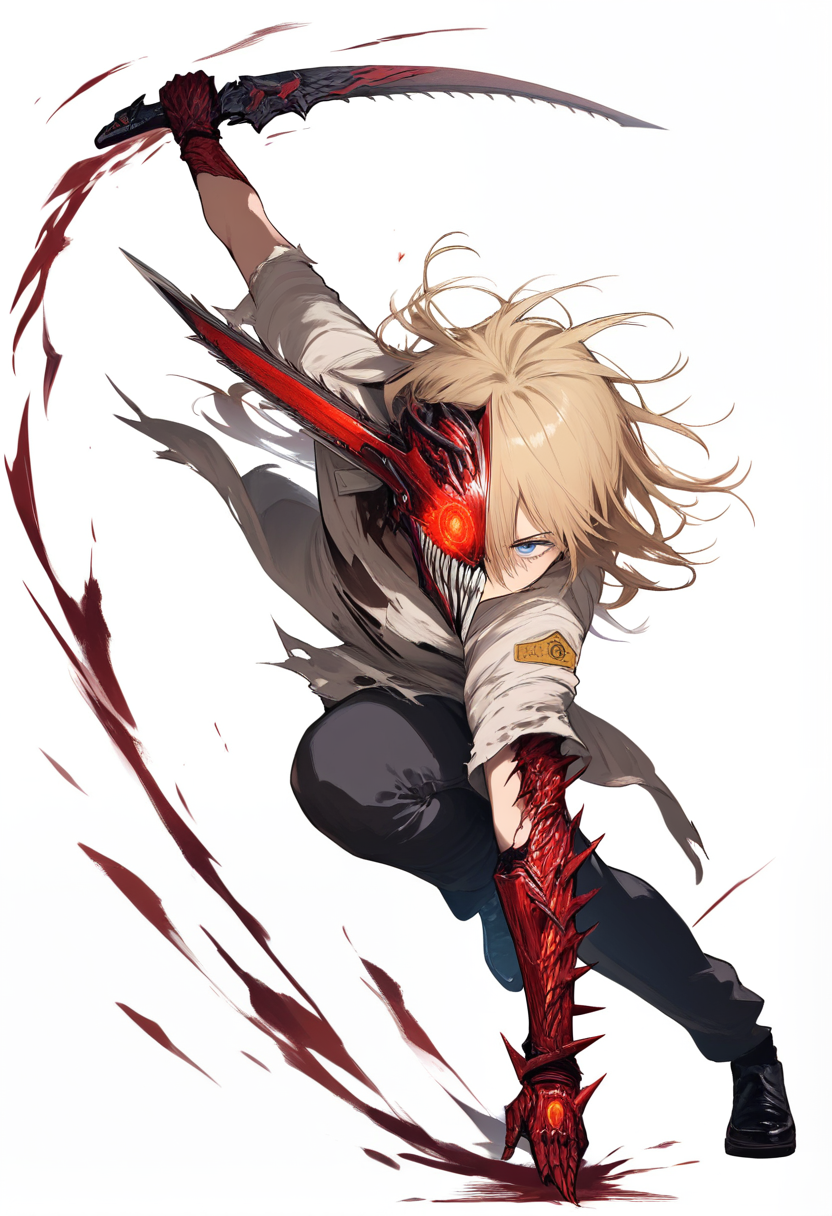Chainsaw man style, hybrid devil, half face transformed with metallic blade jaw, one normal blue eye one glowing red devil eye, messy blonde hair, torn public safety uniform, blade arms extending from forearms, mid-transformation aggressive pose