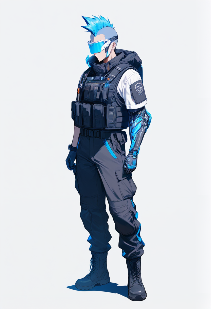 Sci-fi, cybernetic arm, short mohawk, neon blue hair, visor, tactical vest, cargo pants, combat boots, standing at attention