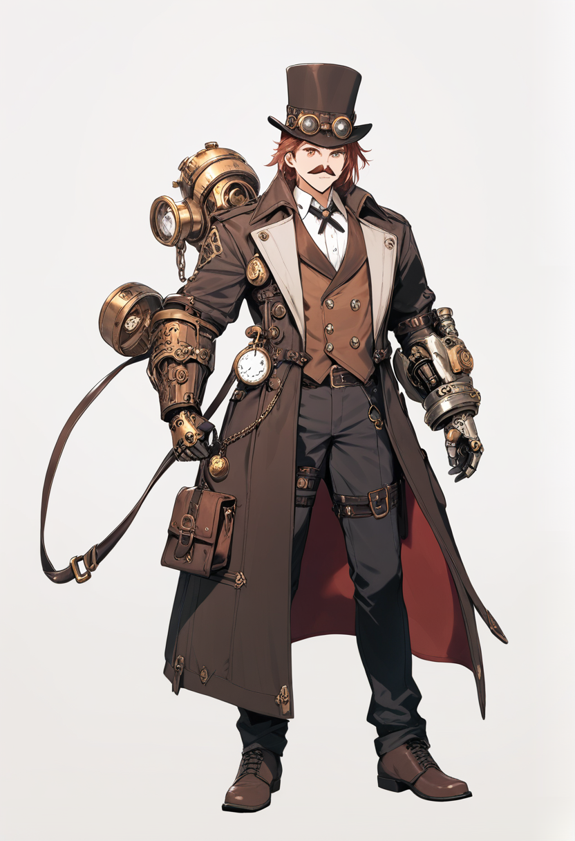 Steampunk, top hat, goggles on forehead, auburn hair, mustache, vest with pocket watch, mechanical gauntlet, long coat