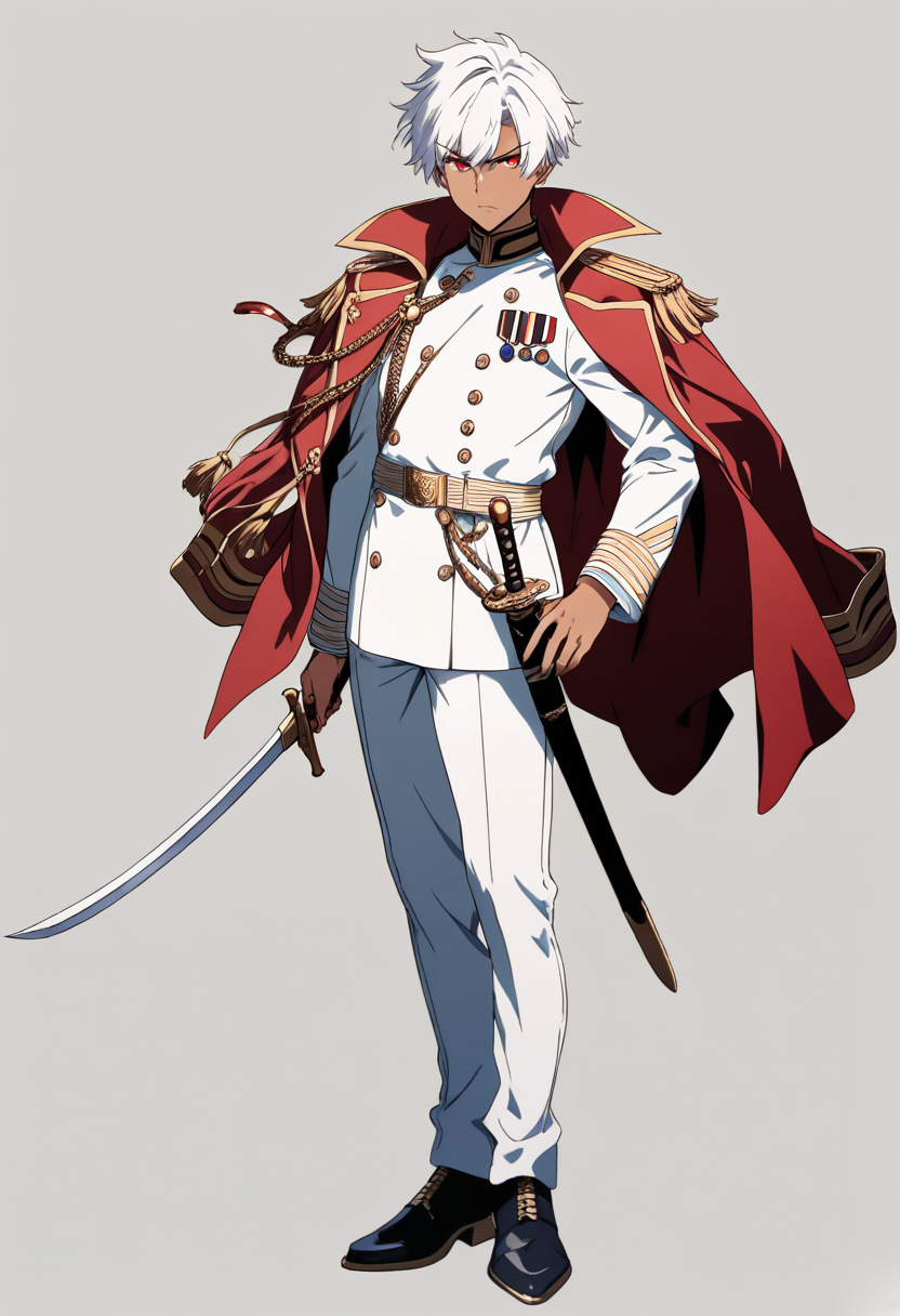 Anime coloring, dark skin, short white hair, red eyes, military uniform, medals, sword at side, stoic expression