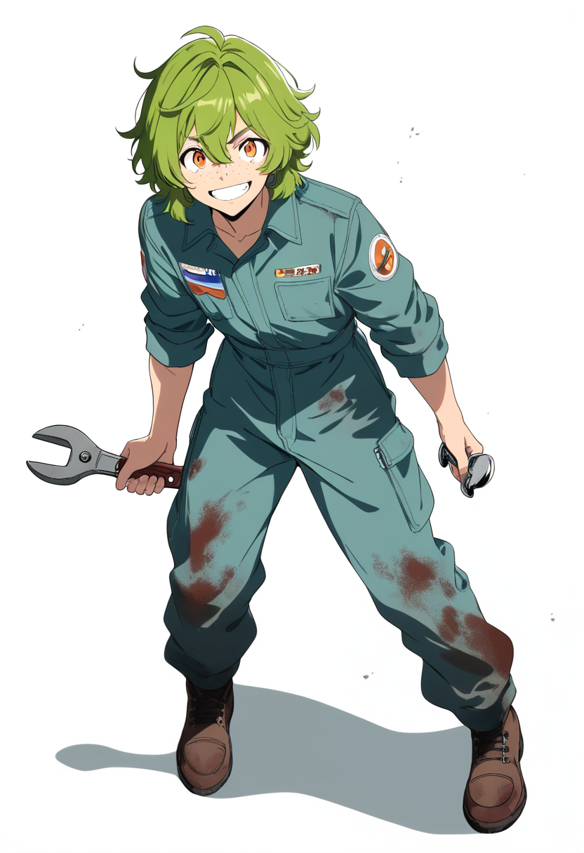 Anime coloring, shaggy green hair, freckles, orange eyes, mechanic jumpsuit, wrench in hand, oil stains, cheerful grin
