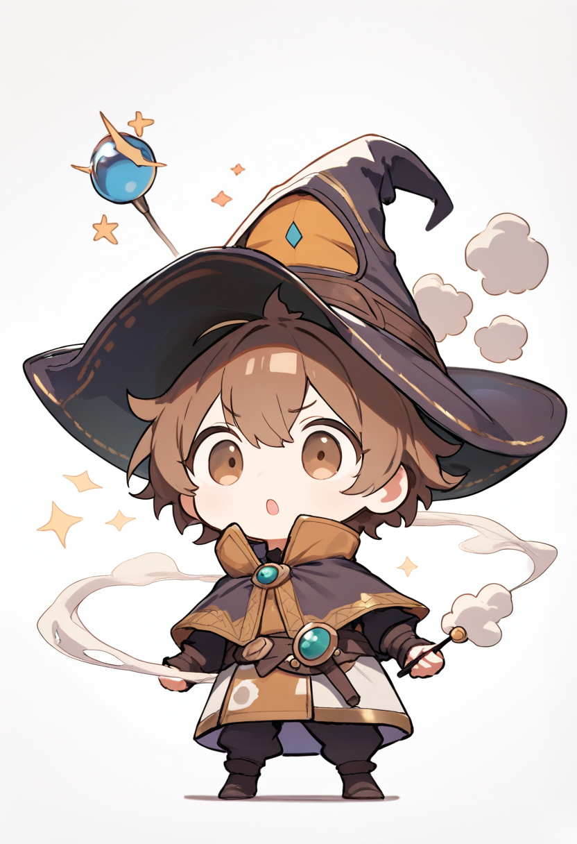 Chibi, 2heads tall, oversized head, big eyes, messy brown hair, wizard hat, tiny wand, failed spell, smoke puff, surprised expression