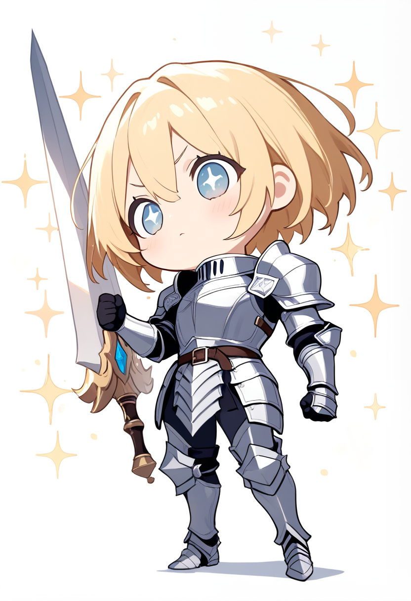 Chibi, 2heads tall, oversized head, big sparkling eyes, blonde hair, knight armor, oversized sword, heroic pose, sparkle background