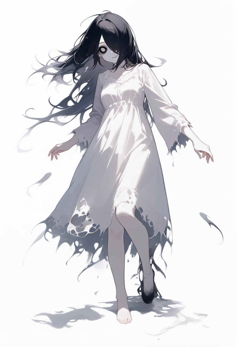 Creepypasta, ghostly girl, long black hair covering one eye, pale white skin, empty black eye sockets with white pupils, tattered white nightgown, bare feet, standing in eerie still pose
