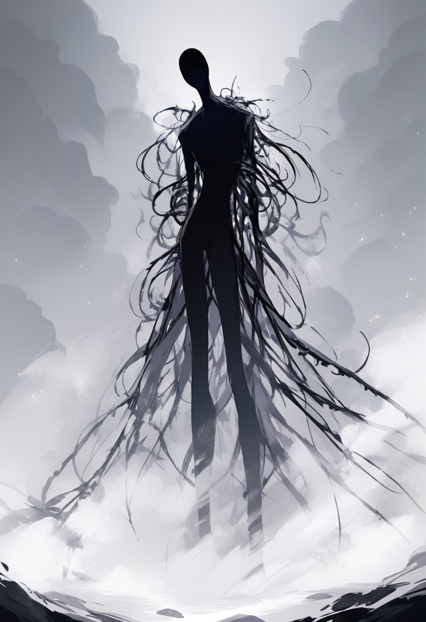 Creepypasta, slender figure, extremely tall and thin, black suit, no face, long arms, tentacles emerging from back, standing in fog, ominous presence
