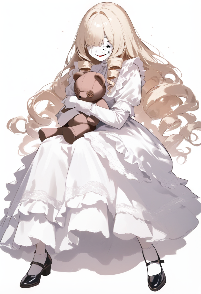 Creepypasta, doll girl, porcelain white skin, cracked face, button eyes, curly blonde ringlet hair, victorian lolita dress, mary jane shoes, holding teddy bear, uncanny smile