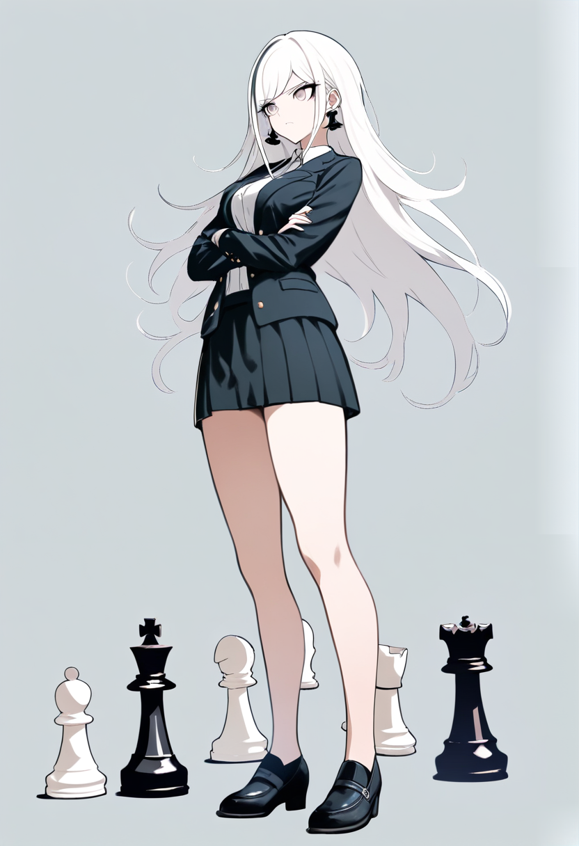Danganronpa style, short white hair with black streak, ultimate chess player, black blazer, chess piece earrings, arms crossed, calculating stare