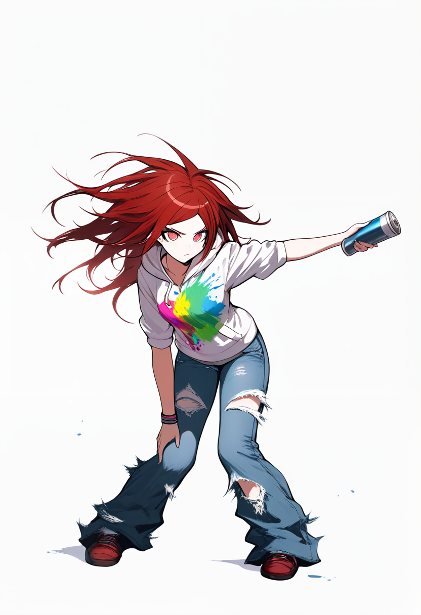 Danganronpa style, messy red hair, ultimate street artist, paint splattered hoodie, ripped jeans, holding spray can, rebellious pose