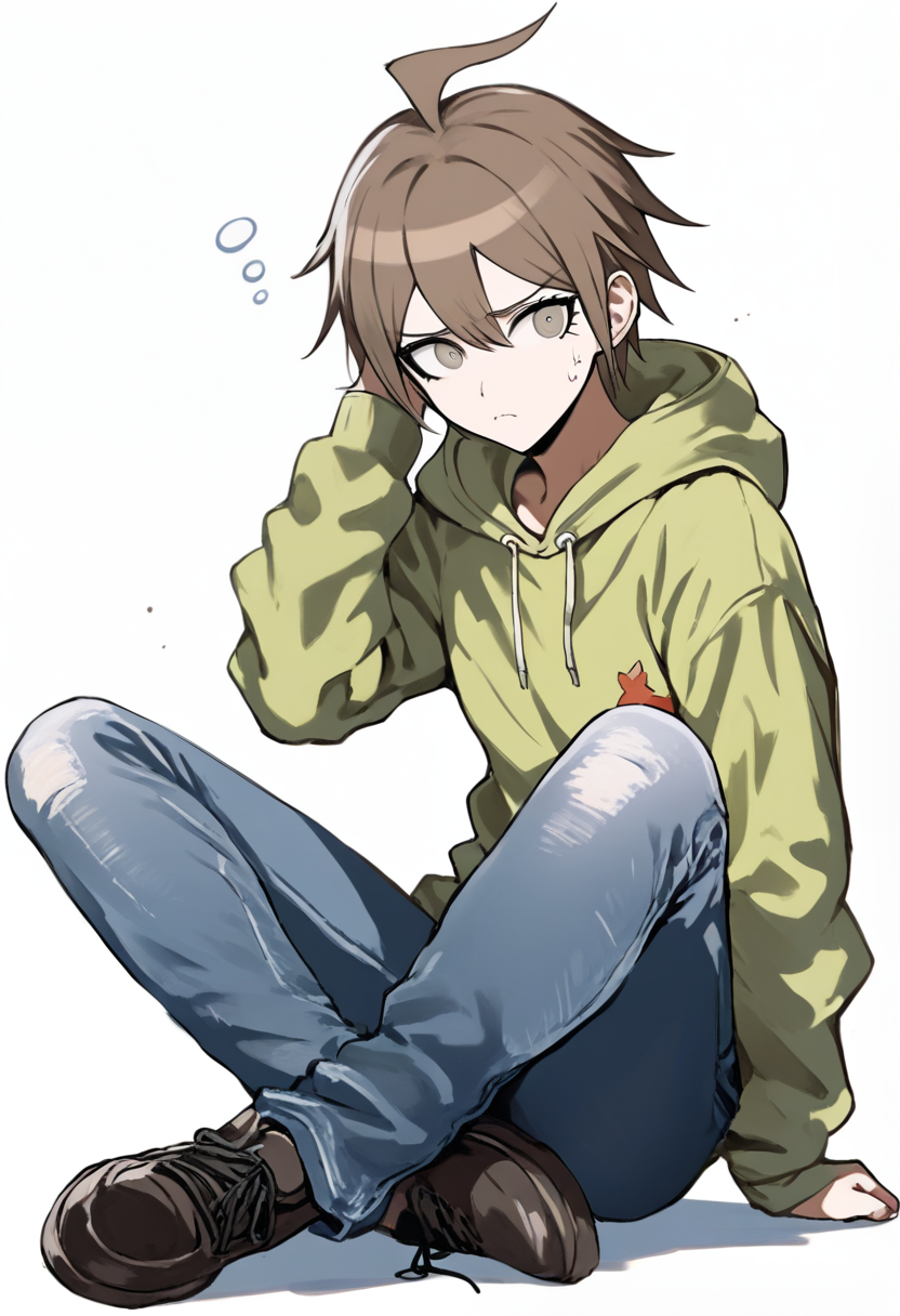Danganronpa style, short brown hair with ahoge, ultimate lucky student, green hoodie, jeans, nervous expression, scratching head