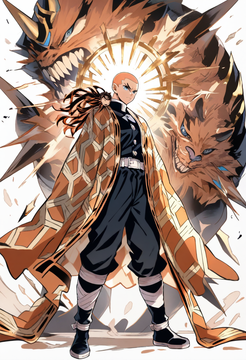 Kimetsu no yaiba style, demon slayer corps member, tall muscular build, buzz cut orange hair, blue eyes, white and gold sun-patterned haori, large nichirin odachi resting on shoulder, determined expression