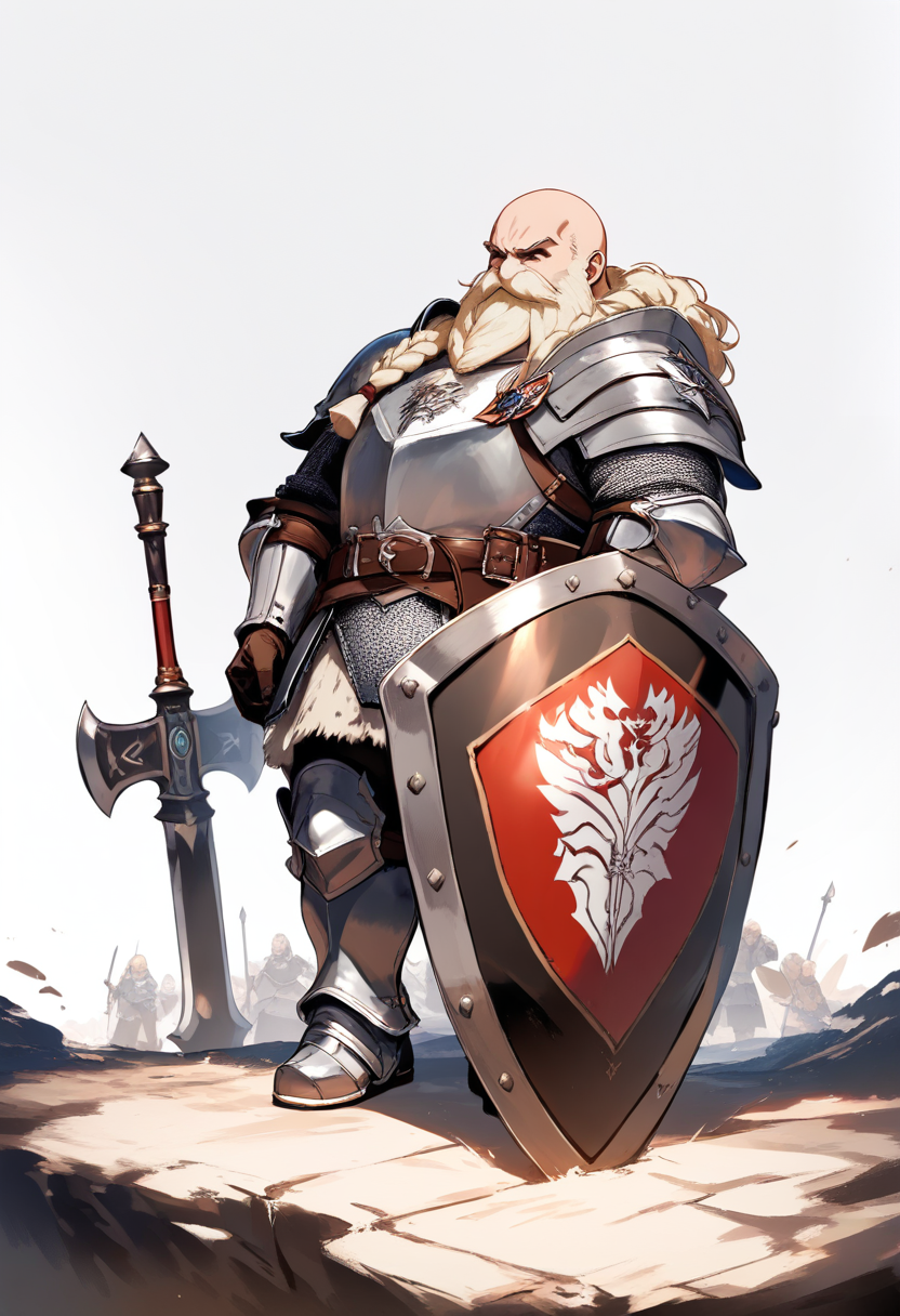 Fantasy, dungeons and dragons, dwarf, thick braided beard, bald head, heavy plate armor, battle axe, round shield with emblem, stout build, war cry pose