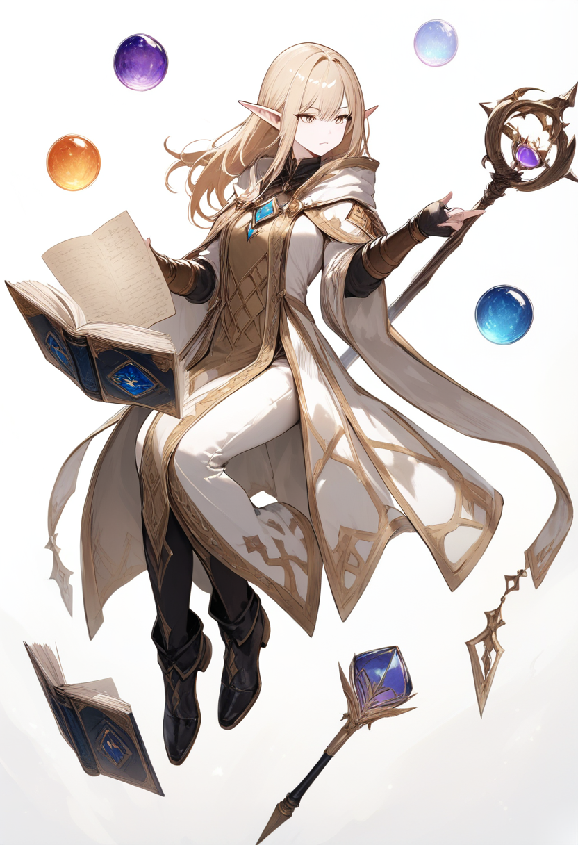 Fantasy, dungeons and dragons, high elf, pale skin, long golden hair, pointed ears, archmage robes, staff with crystal orb, spellbook floating, wise expression