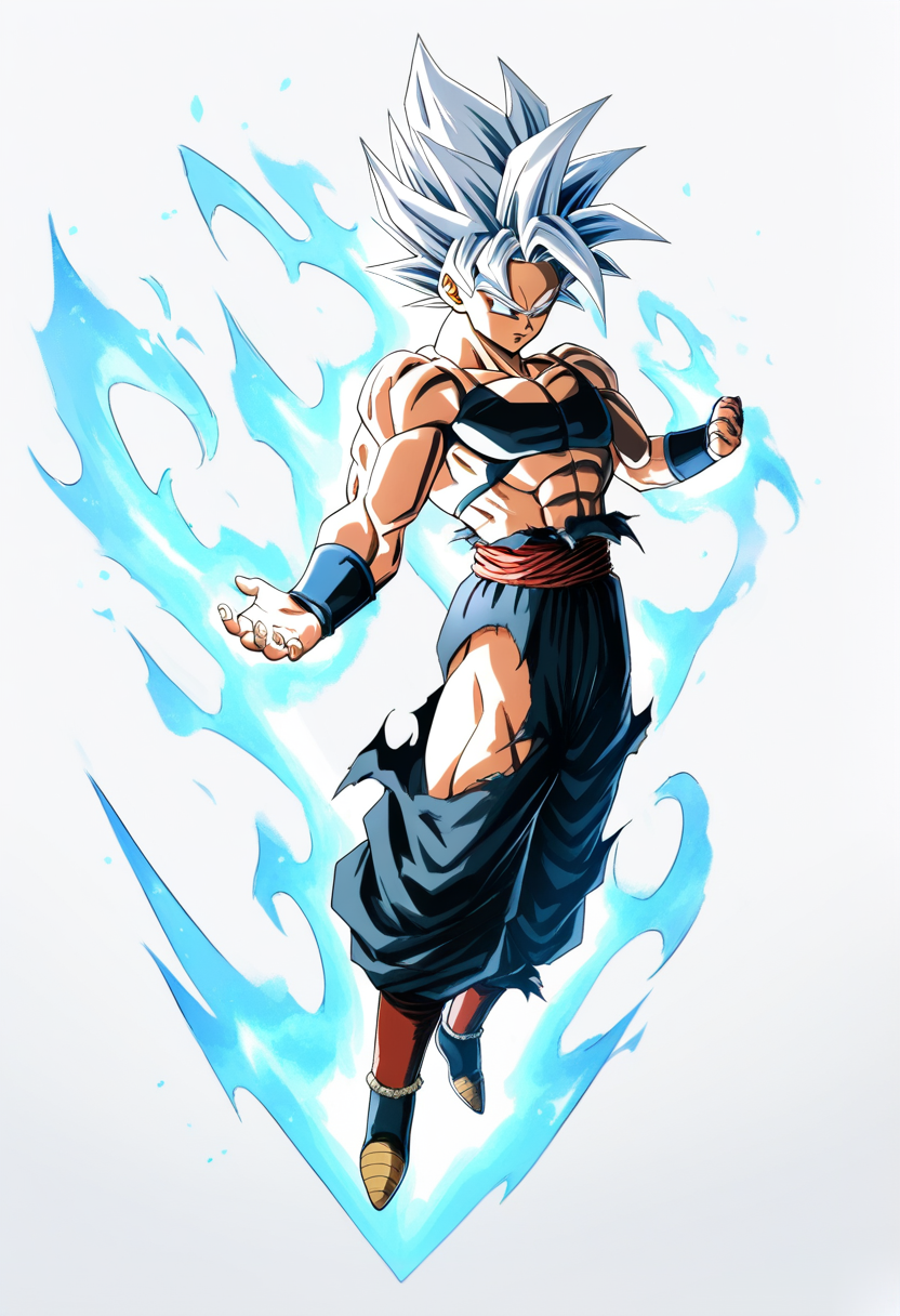 Dragon ball super style, saiyan warrior, short spiky silver hair ultra instinct aura, calm closed eyes, torn dark gi revealing muscular build, floating pose with silver energy wisps, serene transcendent expression
