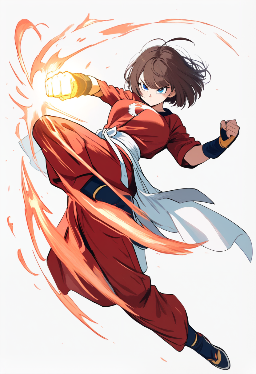 Dragon ball super style, earthling martial artist, short brown hair in bob cut, blue eyes, red martial arts gi with white belt, ki energy surrounding fists, kicking pose mid-air, determined battle expression