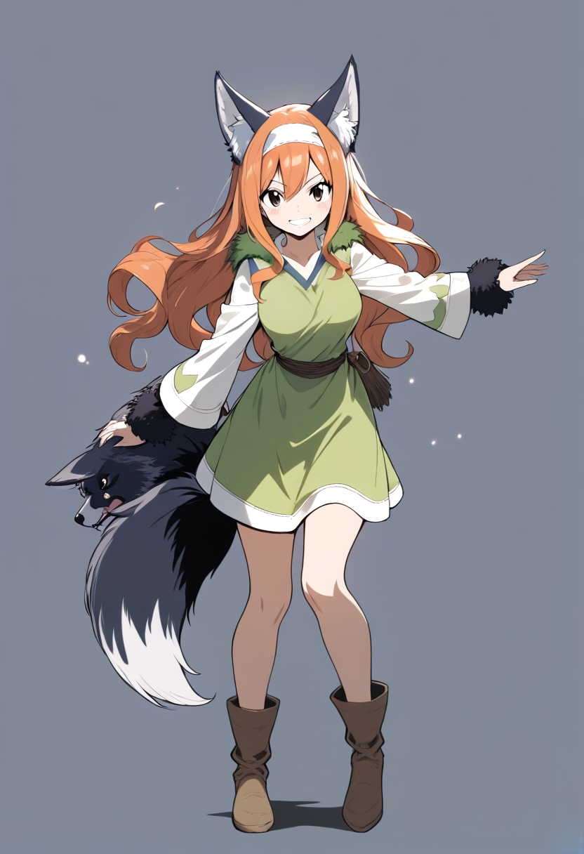 Fairy tail style, wavy orange hair, beast tamer, green tunic, animal ears headband, wolf companion, cheerful expression