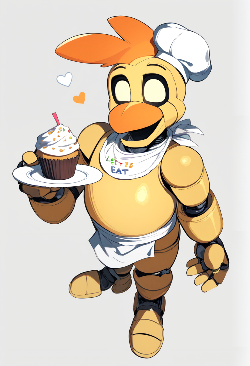 Five nights at freddys, animatronic chicken boy, yellow metallic body, orange beak, chef hat, bib that says lets eat, cupcake on plate in hand, friendly wave