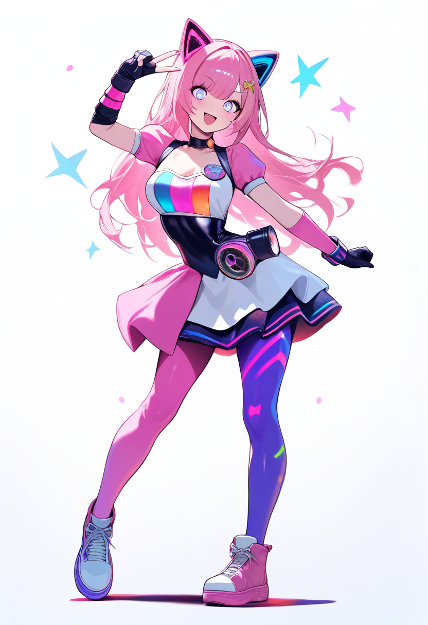 Five nights at freddys, animatronic cat girl, pastel pink metallic body, cat ears, magnet on chest, speaker in belly, neon accents, pop star outfit, peace sign pose