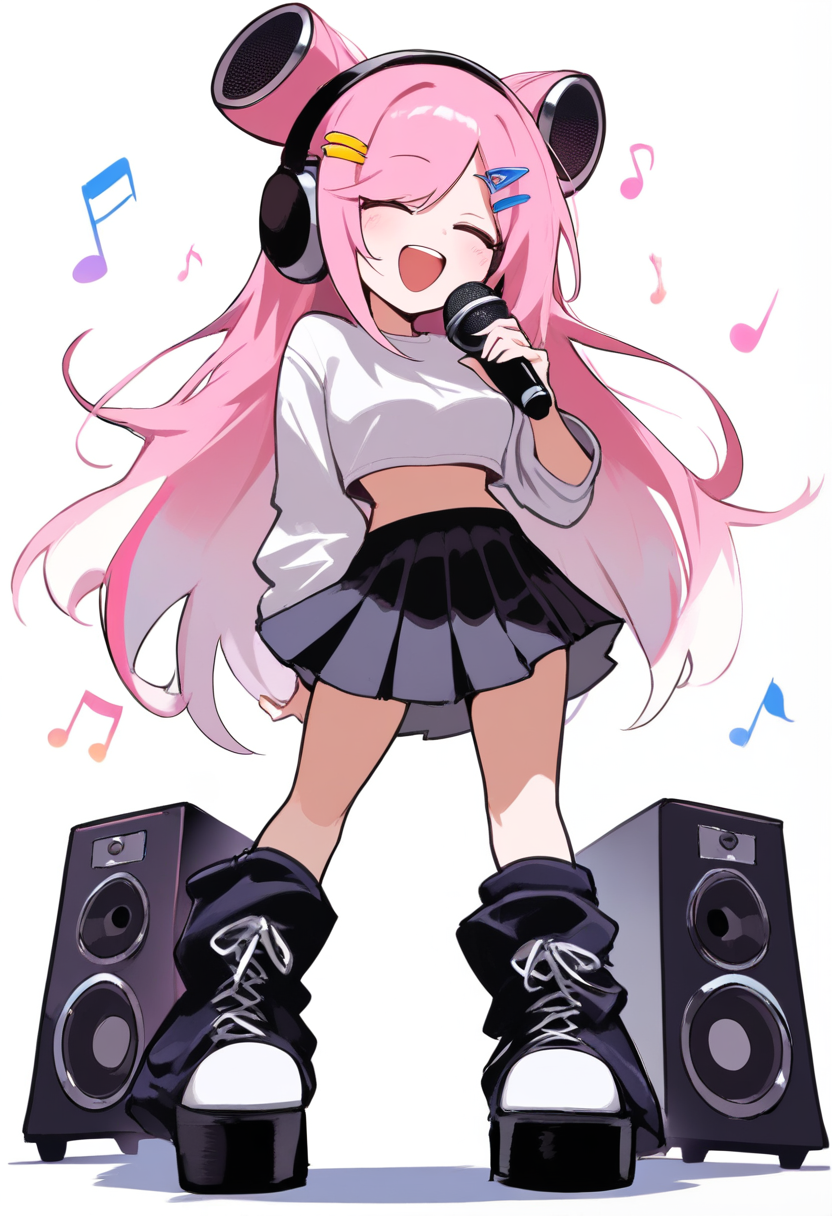 Friday night funkin, singer girl, long pink hair with speakers as hair clips, crop top with music note, pleated skirt, platform boots, singing into microphone