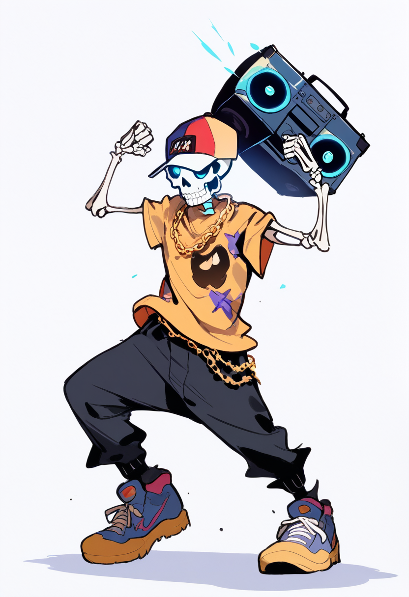 Friday night funkin, skeleton rapper, white bone body, glowing cyan eye sockets, backwards snapback, gold chain, boom box on shoulder, funky dance pose