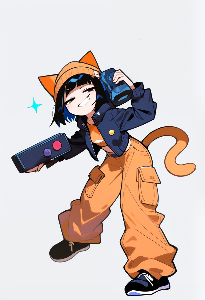Friday night funkin, cat girl rapper, orange cat ears and tail, short black hair, beanie, cropped jacket, baggy cargo pants, holding boombox, smug grin