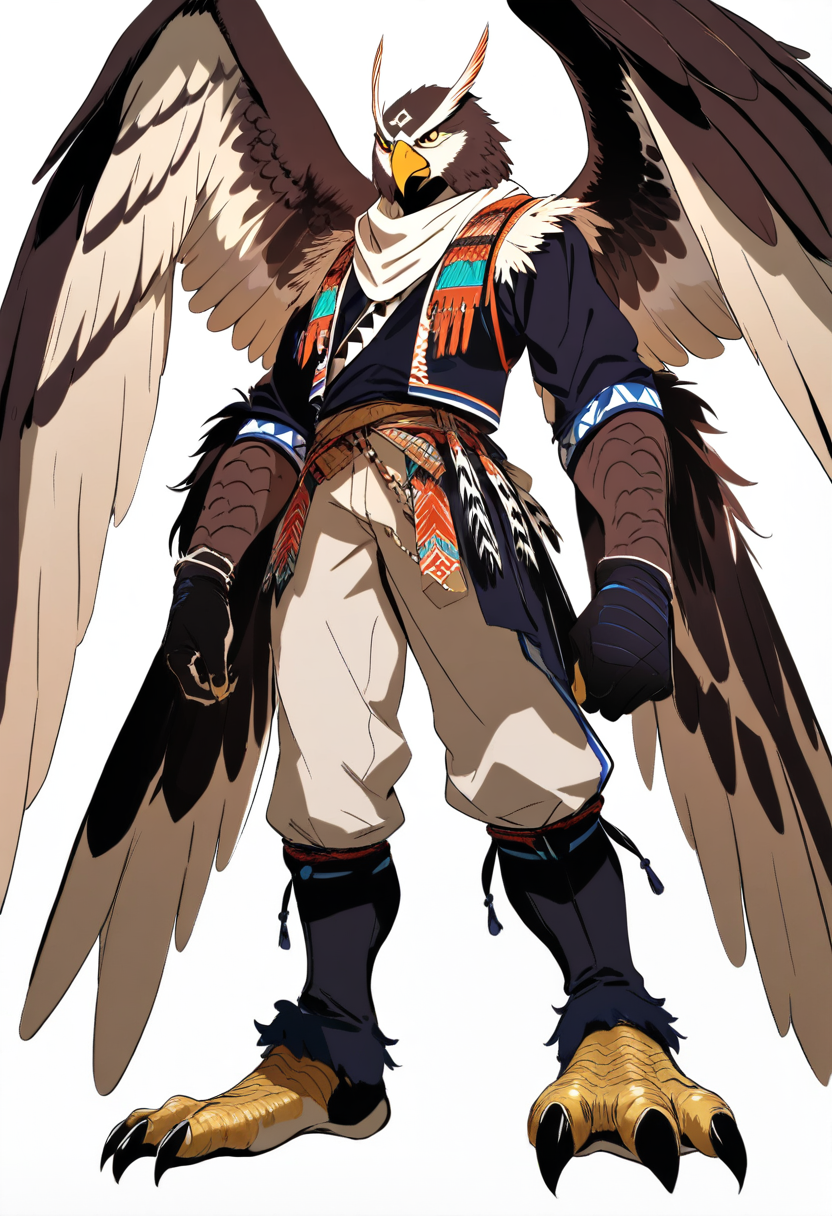 Anime coloring, anthro, hawk boy, feathered arms, sharp golden eyes, tribal vest, talon feet, wing span display, fierce expression