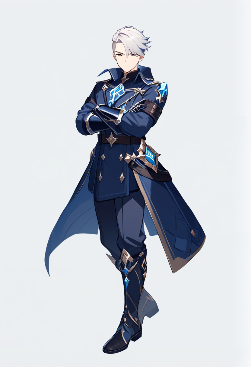Genshin impact style, silver hair undercut, cryo vision, dark blue military coat, ice gauntlets, stern expression, arms crossed