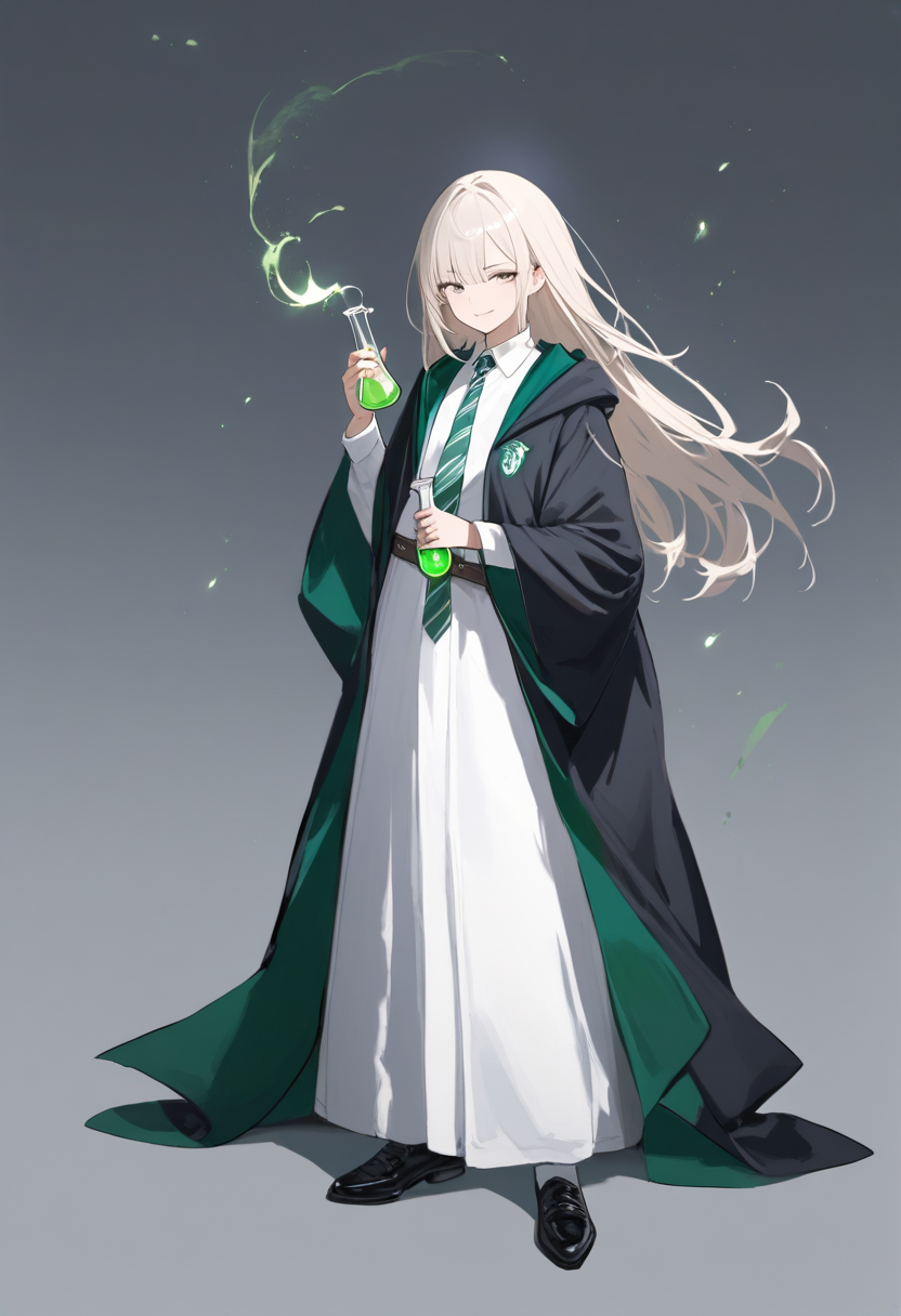 Harry potter style, short platinum blonde hair, slytherin robes, green and silver tie, holding potion vial, cunning smirk
