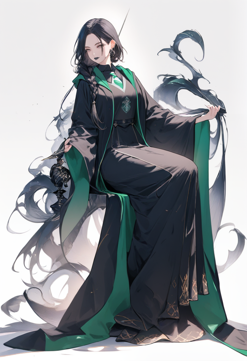 Harry potter style, long black hair in braid, slytherin robes, holding serpent familiar, dark lipstick, elegant posture