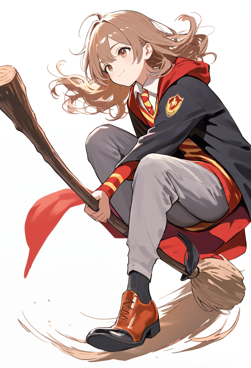 Harry potter style, wavy brown hair, gryffindor quidditch uniform, riding broomstick, holding quaffle, windswept hair