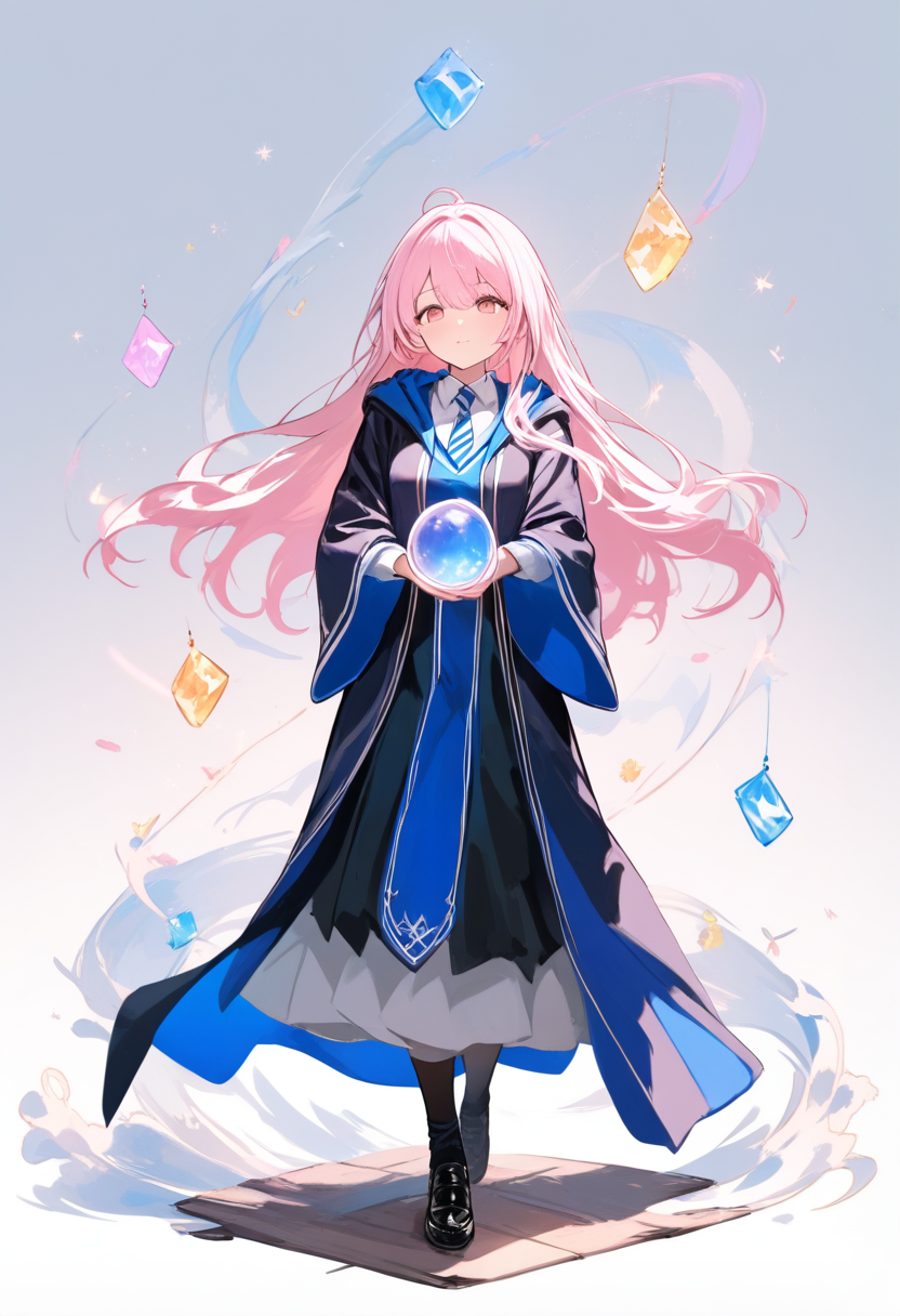 Harry potter style, short pink hair, ravenclaw robes, holding crystal ball, divination class, dreamy expression