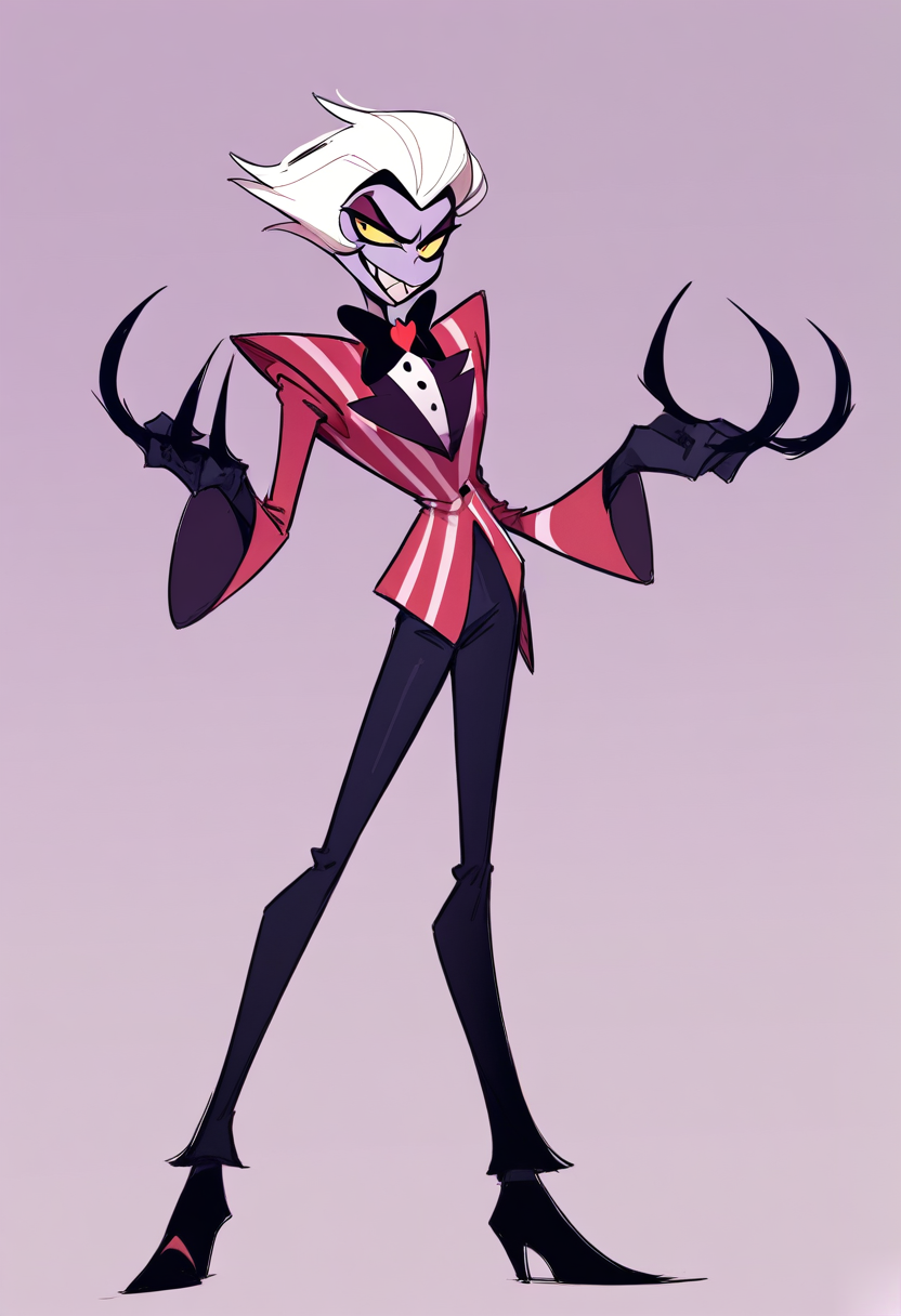 Hazbin hotel, tall slim demon man, four yellow eyes, dark purple skin, slicked back white hair, pinstripe suit with bowtie, clawed hands, confident pose