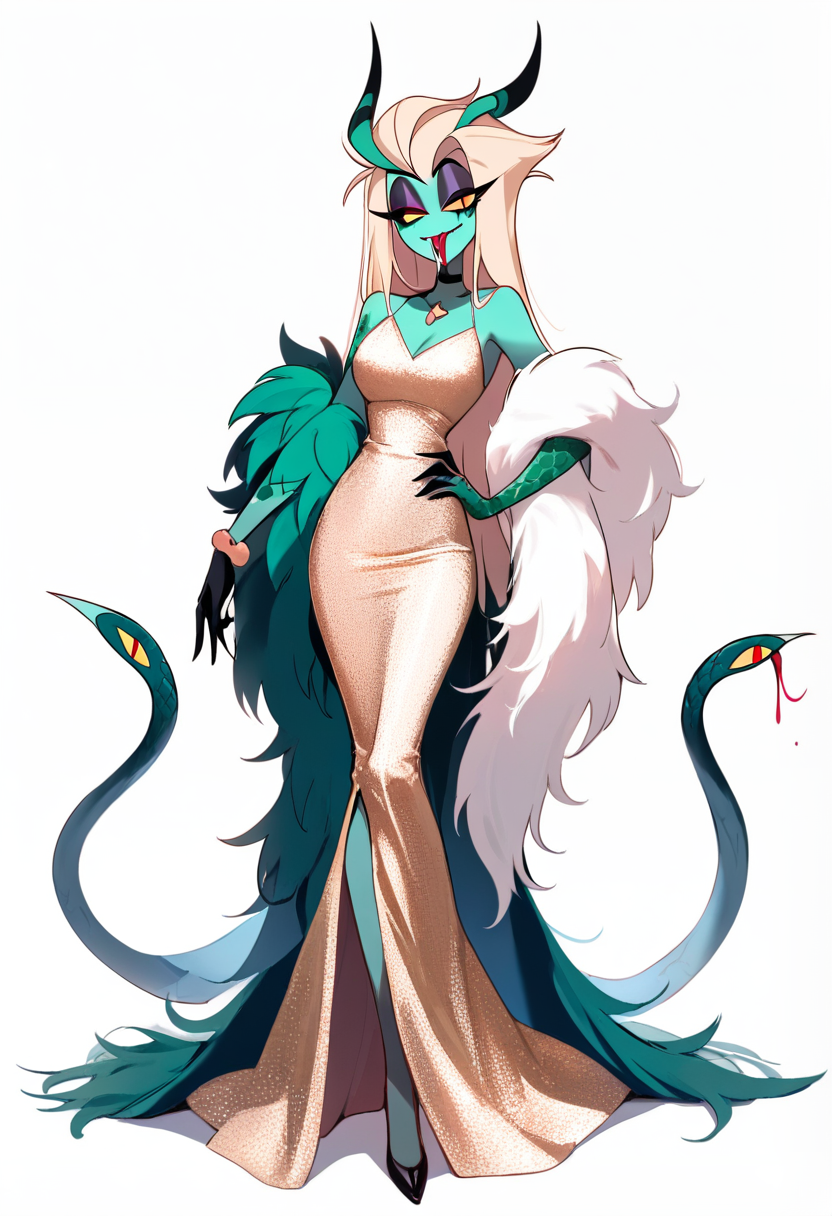 Hazbin hotel, snake demon girl, forked tongue, green scales on arms, slit pupils, long blonde hair, feather boa, sequin dress, hand on hip