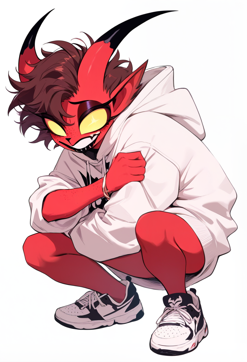 Helluva boss, imp boy, small stubby horns, dark red skin, freckles, messy brown hair, oversized hoodie, sneakers, nervous expression, rubbing arm