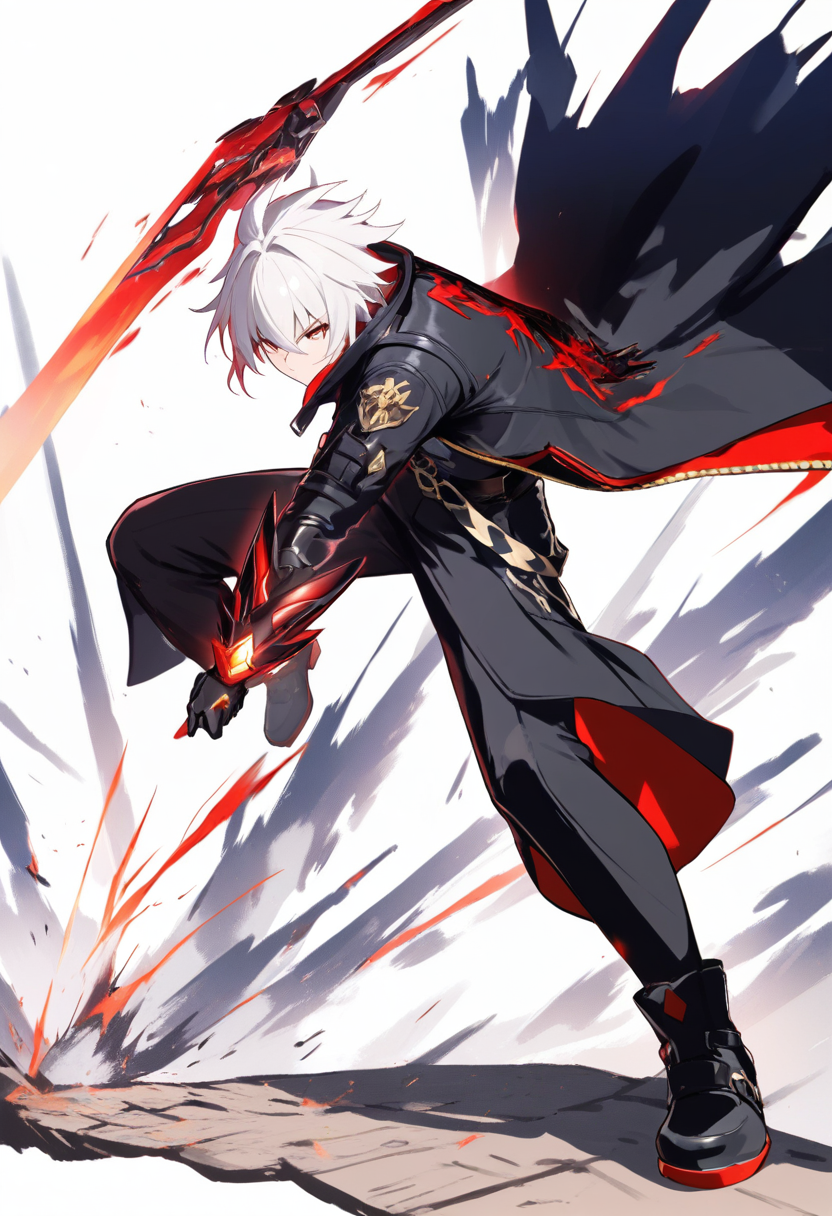 Honkai star rail style, spiky white hair, destruction path, red and black mech jacket, energy gauntlets, aggressive stance