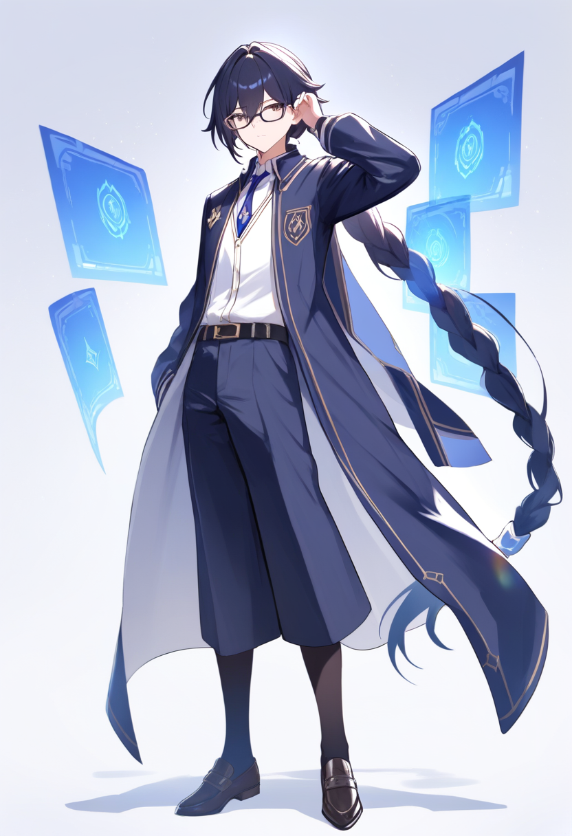 Honkai star rail style, long black hair braided, erudition path, blue scholar uniform, floating holographic screens, adjusting glasses
