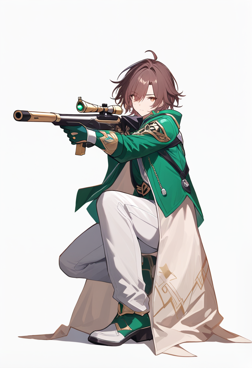 Honkai star rail style, messy brown hair, hunt path, green ranger coat, mechanical bow, crouching sniper pose