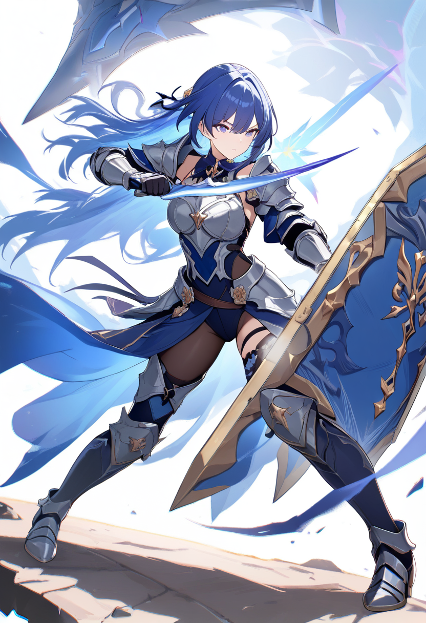 Honkai star rail style, asymmetric pink and blue hair, preservation path, heavy knight armor, tower shield, protective stance