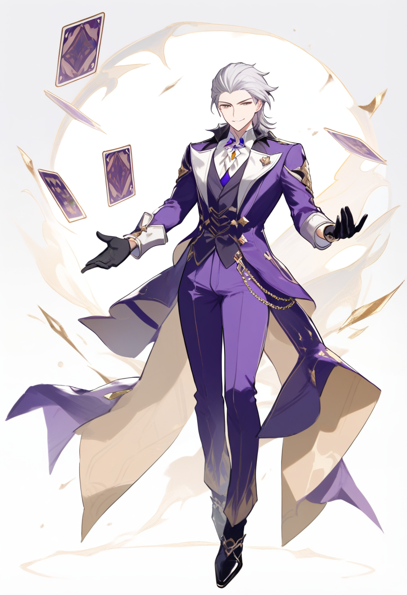 Honkai star rail style, slicked back silver hair, nihility path, purple suit, playing cards floating, cunning smirk