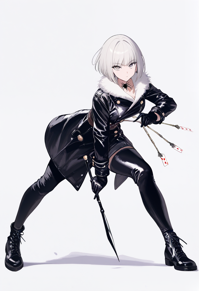 Hunter x hunter style, phantom troupe member, short platinum bob cut, cold grey eyes, spider tattoo on neck, black leather coat with fur trim, conjured nen weapon playing cards between fingers, sinister elegant pose