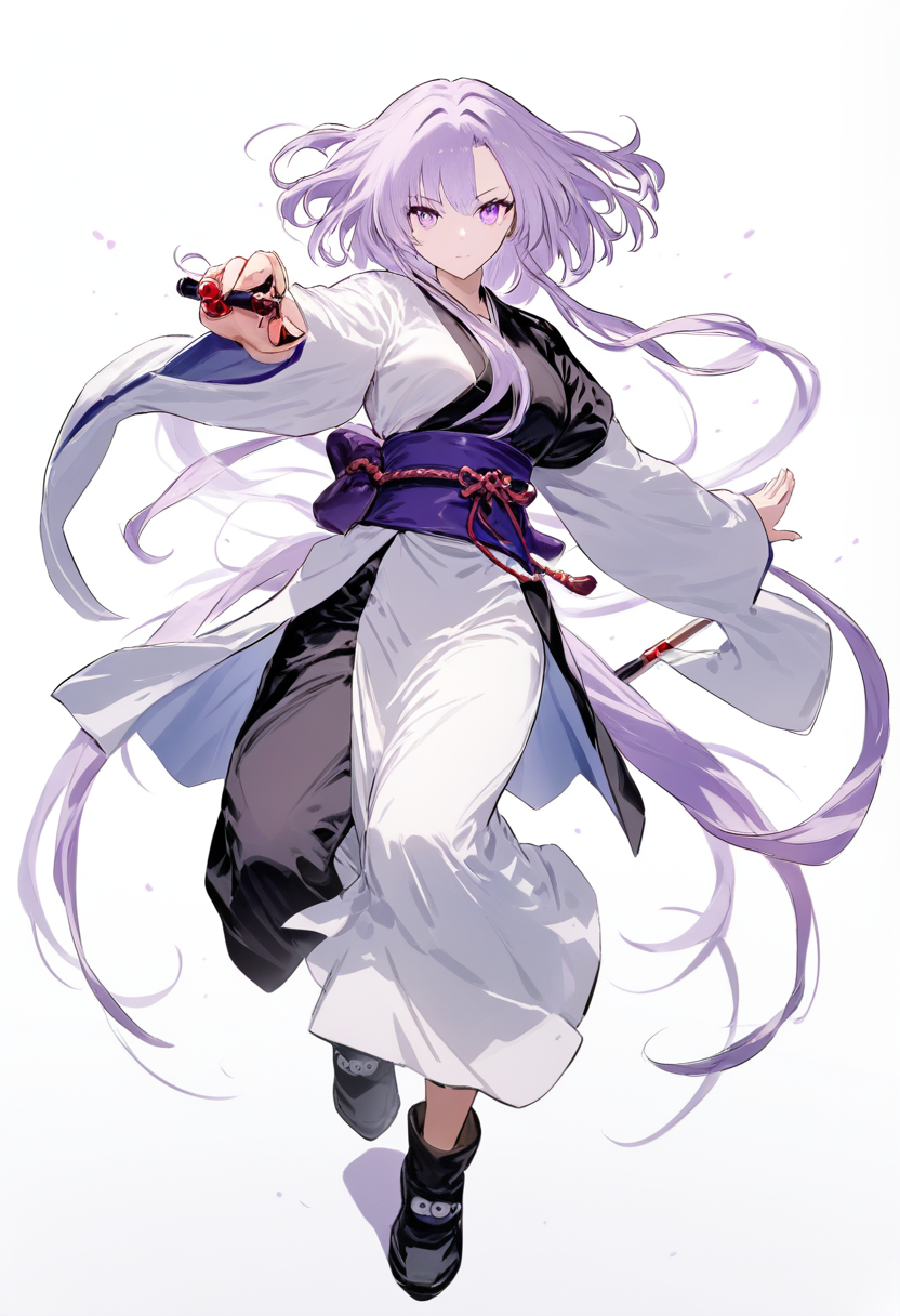 Hunter x hunter style, hunter, long flowing lavender hair, serene purple eyes, traditional kimono modified for combat, manipulator nen threads visible between fingers, puppeteer controlling pose