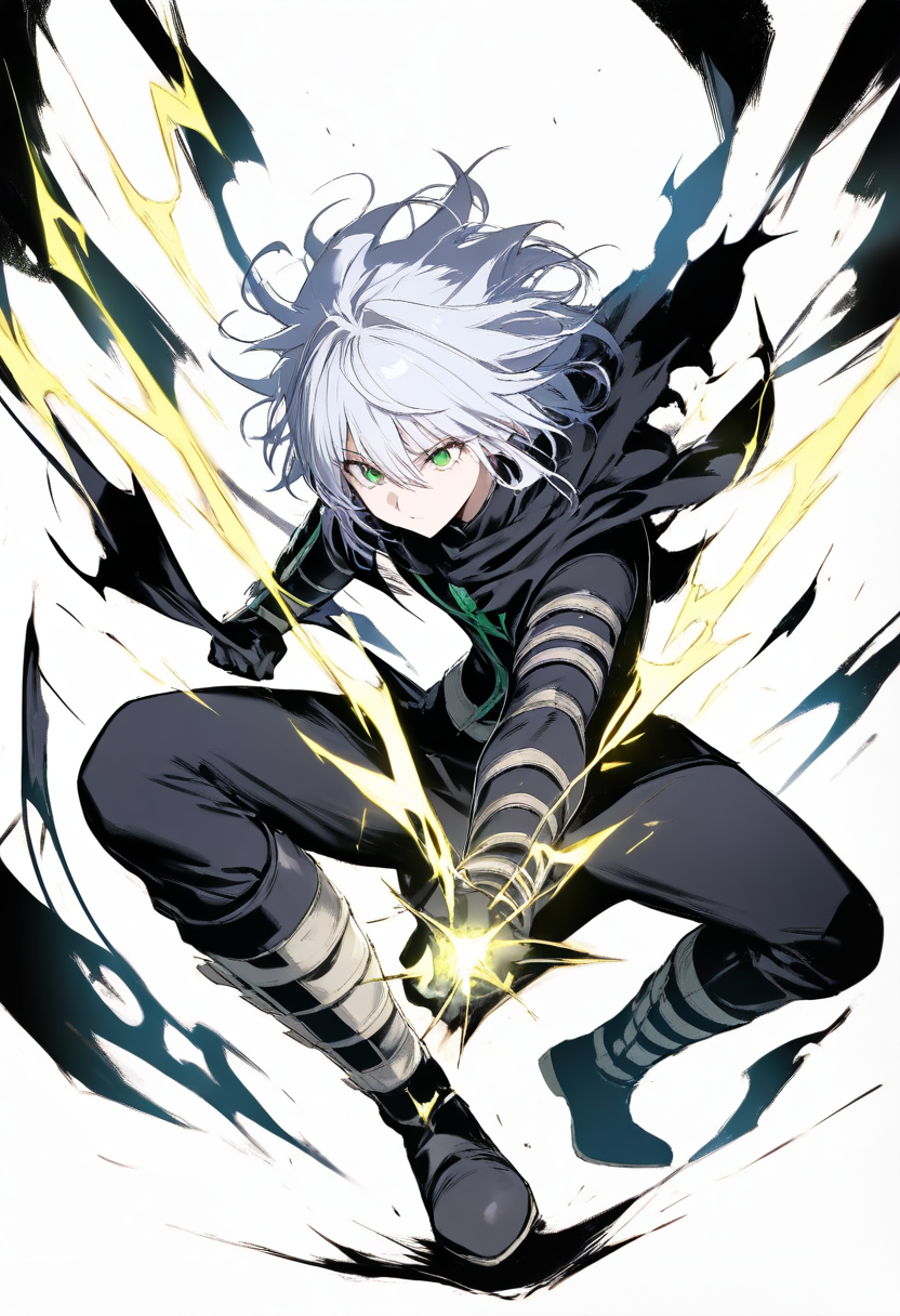 Hunter x hunter style, hunter, messy silver hair, mischievous green eyes, dark assassin outfit similar to zoldyck style, transmuter nen electricity sparking, crouched stealth pose